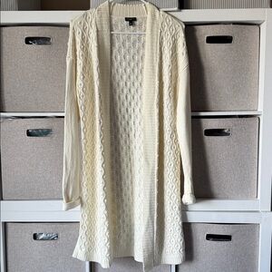 Talbots Cable knit Open Front Long Line Split Hem Cashmere Blend Cream Chunky MP